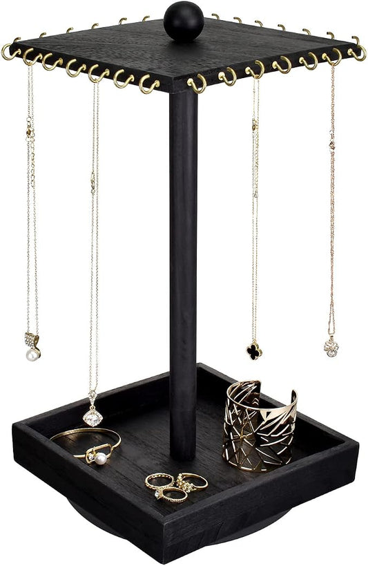 Ikee Design Wooden Rotating Jewelry Organizer, Jewelry Display Tower for Necklace & Bracelet, Rotating Necklace Holder Organizer, Jewelry Stand for Shows, Black Color, 7.88 W x 7.88 D x 16 H in