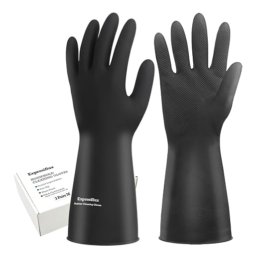 Heavy-Duty Thick Black Rubber Cleaning Gloves, 3 Pairs, M | Reusable & waterproof black/orange dual layers. Non-slip design for dishwashing, kitchen cleaning, and auto care.