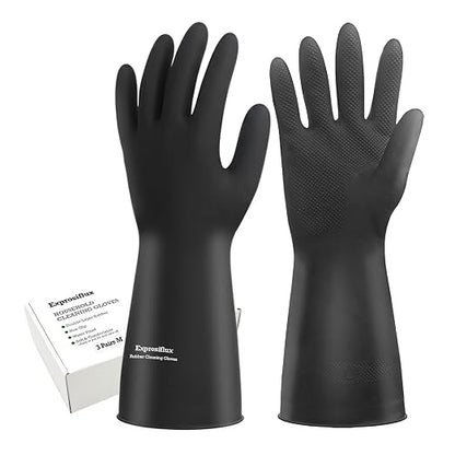 Heavy-Duty Thick Black Rubber Cleaning Gloves, 3 Pairs, M | Reusable & waterproof black/orange dual layers. Non-slip design for dishwashing, kitchen cleaning, and auto care.
