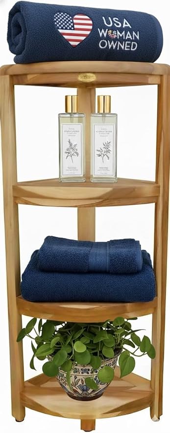 EcoDecors Corner Snazzy Corner Four Tier Natural Color Shelf Waterproof Teak Wood Shower Bench Stool Seat Chair For Inside Shower Provides Safety, Storage, and Organization For Bathroom Accessories