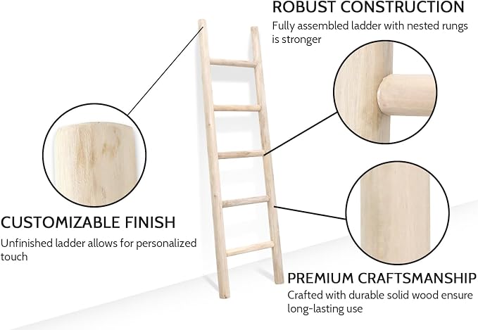 FUIN Fully Assembled 57in Wood Blanket Ladder Living Room Decorative Wall Leaning Farmhouse Quilt Display Holder Rustic Wooden Towel Rack for Bathroom, Unfinished