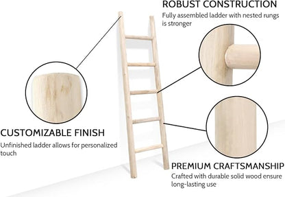 FUIN Fully Assembled 57in Wood Blanket Ladder Living Room Decorative Wall Leaning Farmhouse Quilt Display Holder Rustic Wooden Towel Rack for Bathroom, Unfinished