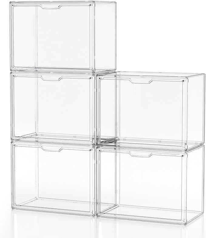 Clear Plastic Storage Bins - Acrylic Display Case with Magnetic Door, Purse Organizer for Closet: Stackable Display Box for Collectibles, Book, Cosmetic, Figures Showcase(5 Pack)