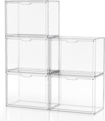 Clear Plastic Storage Bins - Acrylic Display Case with Magnetic Door, Purse Organizer for Closet: Stackable Display Box for Collectibles, Book, Cosmetic, Figures Showcase(5 Pack)