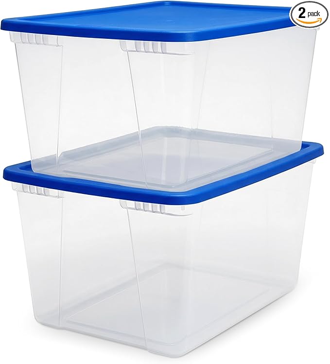 HOMZ 2-Pack Snaplock, Large Clear Plastic Storage Organizer Bins w/Lids, 56 Quart, Blue - Stackable Container Boxes for Bedroom, Bathroom, Garage, and Office Organization