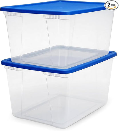 HOMZ 2-Pack Snaplock, Large Clear Plastic Storage Organizer Bins w/Lids, 56 Quart, Blue - Stackable Container Boxes for Bedroom, Bathroom, Garage, and Office Organization