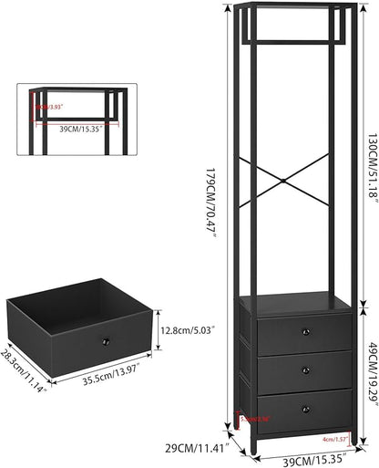 YMYNY Coat Racks, Clothes Rack with Drawers, Freestanding Tall Closet Organizer with 3 Fabric Drawers, Clothes Stand for Hanging Shirts, Coat,15.35" L×11.41" W×70.47" H, Black UHGR001B
