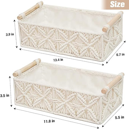 HOSROOME Macrame Storage Basket Boho Decor Baskets for Organizing Woven Decorative for Countertop Toilet Paper Basket for Tank Top for Home Decor Bedroom Nursery Livingroom Entryway (Set of 2)