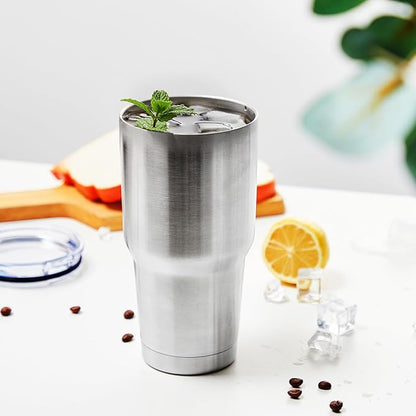 MEWAY 30oz Insulated Tumbler With Lids and Straws,Stainless Steel Double Vacuum Coffee Tumbler Cup, Brush, Durable Powder Coated Coffee Cup for Cold & Hot Drinks, Office(Silver,4 PACK)