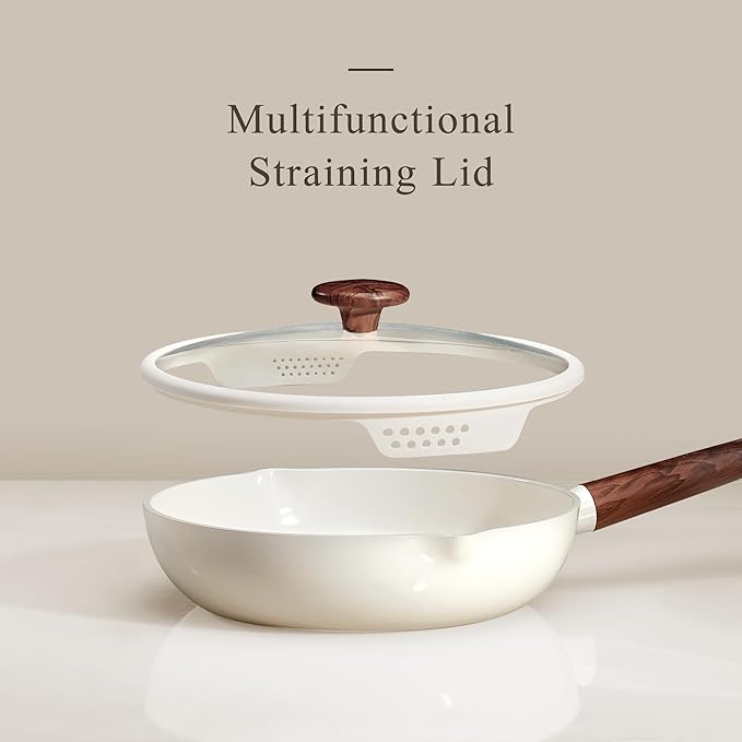 CAROTE Nonstick Frying Pans Skillets, Ceramic Coating Non-Stick Frying Pans Set, 5 PCS, Non-toxic Healthy & PFOA Free, Induction Compatible, 8+9.5+11 Inch with Colander Lid and Spatula, Cream White