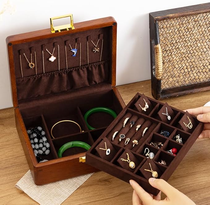 Solid Walnut Wood Jewelry Box with Lock,2 Layer Velvet Wood Jewelry Organizer Storage Lined for Earrings Rings Necklaces Bracelets Cufflink Gift Idea for Men Women, Vintage Brown