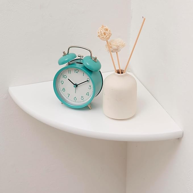 Conamily Corner Shelf, Solid Oak Wood Floating Corner Shelf Wall Mount Round End Floating Speaker Shelves with Wire Hole for Small Plant Photo Frame for Bedroom Kitchen, Living Room (White, 8.7in)