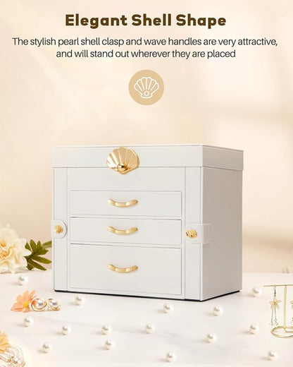 Jewelry Box with 3 Drawers: Display Organizer for Earrings Necklaces - Gift for Girls Women (White)