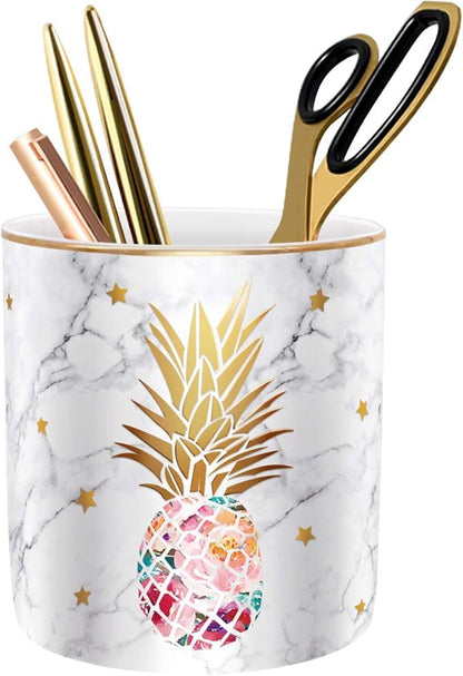 WAVEYU Pen Holder, Pencil Holder for Desk, Cute Makeup Brush Holder Marble Pineapple Pattern Pencil Cup for Girls Kids Durable Ceramic Desk Organizer Pineapple Decor for Office, Classroom