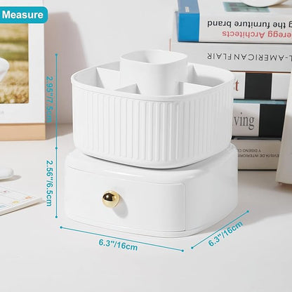 Pencil Pen Holder with Drawer, 5 Slots 360 Degree Rotating Pen Organizer For Desk, Desktop School Supplies Desk Accessories for Office School Home Art Supply White