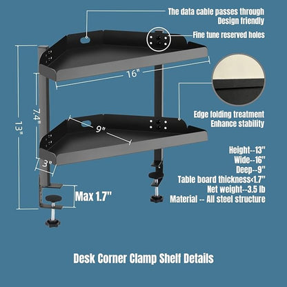 Yuxh Clamp On Desk Corner Shelf 2 Tier Cilp Under Table Corner Organizer, Black-M, 16 inch