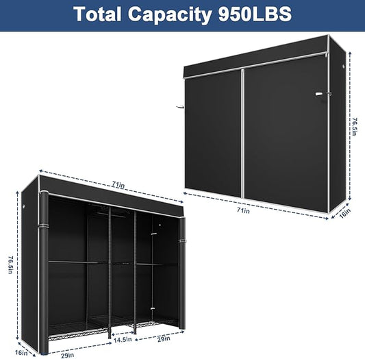 Ulif E12C Pro Heavy Duty Closet Organizer System，Freestanding Clothing Rack, Adjustable Garment Rack 71" W x 16" D x 76.5" H Holds 960 lbs, Black Rack with Black Dustproof Cover