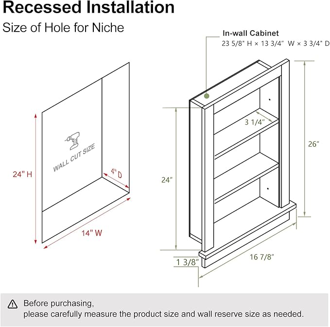 Recessed Medicine Cabinet,in Wall Shower Niche,14x24 Bathroom Cabinet with Storage,Bathroom Niche for Shower Wall for Bedroom,Wall Niches Insert for Drywall,Grey/MDF