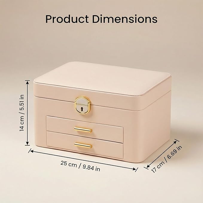 Jewelry Box for Women, Large Dresser Top Organizer with 3 Layers & 2 Drawers, PU Leather Storage Case for Earrings, Necklaces, Rings, Giftable Vanity Box (Cream white)