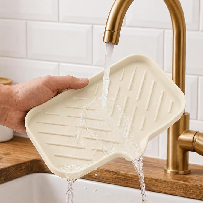 MicoYang Silicone Soap Dish with Drain Spout — Self-Draining Sink Organizer Tray for Bathroom & Kitchen, Sponges, Dispensers & Soap Holder, Non-Slip & Dishwasher Safe, Tapioca (Medium, 9.6"×5.3")