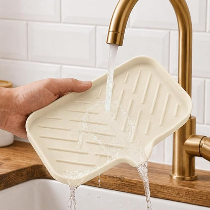MicoYang Silicone Soap Dish with Drain Spout — Self-Draining Sink Organizer Tray for Bathroom & Kitchen, Sponges, Dispensers & Soap Holder, Non-Slip & Dishwasher Safe, Tapioca (Medium, 9.6"×5.3")