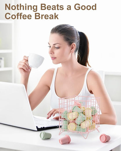 FantasyLife K Cup Holder Organizer, 5.3" x 5.3" x 6.3" Coffee Pod Storage Basket, Coffee Bar Accessories Metal Basket, Large Capacity Countertop Organizer for Kitchen Counter & Office Desktop (Pink)