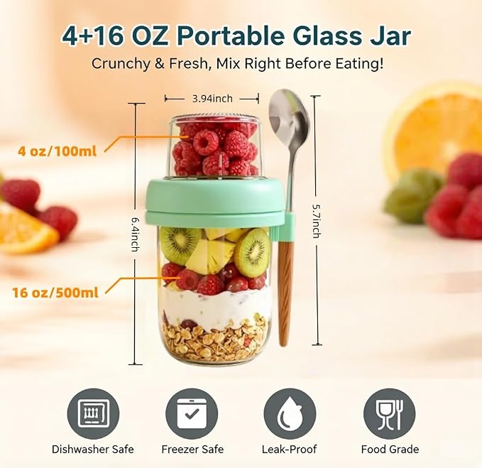 4 Pack Overnight Oats Containers with Lids and Spoons,16+4oz | Reusable Chia Pudding Jars with Dry and Wet Separation,Leak-Proof for Yogurt,Parfait Meal Prep, Dishwasher Safe