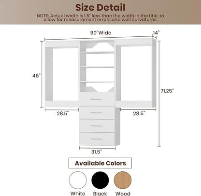 ROOMTEC Modular Closet System, 90" Wall-Mounted Closet Organizer with Drawers and Hanging Rods, Wooden Tower for Walk-In Closets, Wardrobe Storage Kit, White