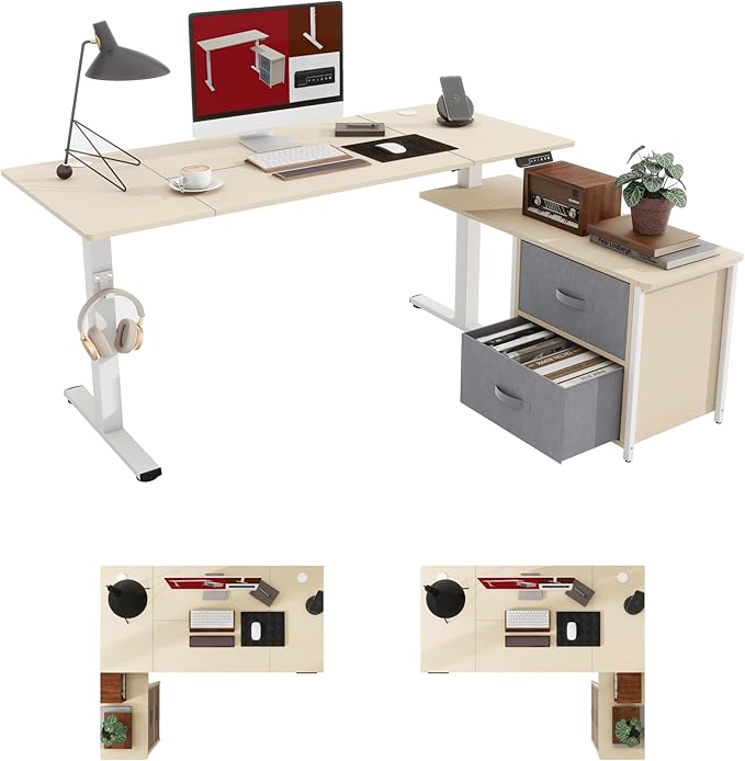 SANODESK 63'' L Shaped Standing Desk with 2-Drawer File Cabinet, Electric Height Adjustable Stand up Desk w/USB Charge Ports, Home Office Modern Wood Computer Desk with Shelves,White Frame/Maple Top