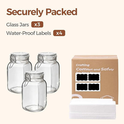 ComSaf Set of 3 Square Glass Jars with Airtight Lids (51 Oz) — Wire Clamp Canisters for Small-Batch Pickling, Kimchi, Bulk Dry Food, Wide Mouth Space Saving Kitchen Pantry Organization Jars