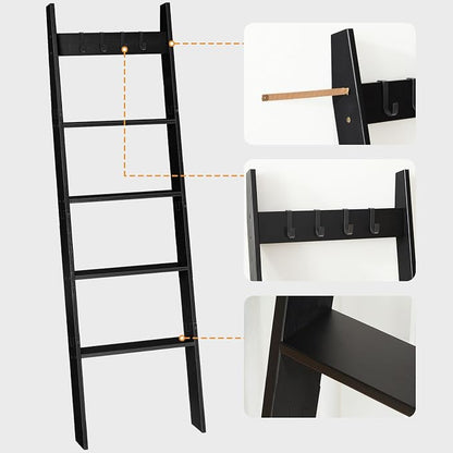 HOOBRO Blanket Ladder for Living Room and Bedroom, 5-Tier Wall Leaning Towel Rack for Bathroom, Decorative Ladder Shelf with 4 Removable Hooks, Farmhouse Blanket Storage, Black BB51CJ01G1