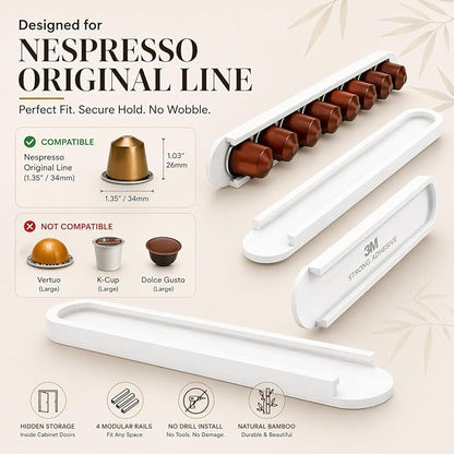 Bamboo Coffee Pod Holder, Adhesive Wall Mount (No Drilling) for Cabinet Door, 36-Capsule Storage (Set of 4) — Vertical/Horizontal — Compatible with Nespresso Original Line-White