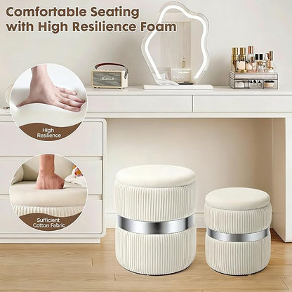 Round Storage Ottoman Set of 2 Vanity Stool for Living Room, Space-Saving Coffee Table with Hidden Compartment, Sturdy Seating for Small Apartments & Bedroom, Assembly Free White