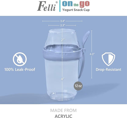 Felli On the Go Yogurt Parfait Snack Cup with Lid 100% Leak Proof, Reusable Travel Container with Spoon + Fruit & Granola Holder for To Go Cereal, Overnight Oats, Chia Pudding Jar (2, Blue Moon)