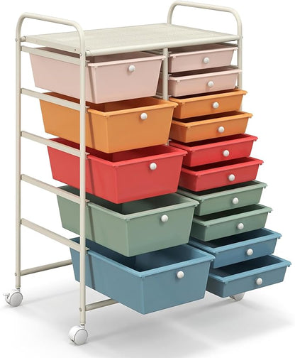 HAPPYGRILL 15-Drawer Rolling Cart, Storage Carts with Removable Drawers & Steel Frame, Utility Cart on Lockable Wheels for Home, School, Office, Macaroon