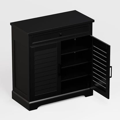ChooChoo Shoe Cabinet with Doors, 4-Tier Shoe Storage Cabinet with Drawer and Shelves, Wooden Shoe Rack Organizer for Entryway, Hallway, Closet, Black