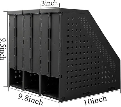 SAYEEC 2Pcs Collapsible Plastic Magazine File Holder Vertical Binder Storage Organizer for Desk Sturdy Upright Desktop Magazine Organizer Folder Rack for Office School Home (3 Compartments, Black)