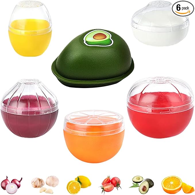 6 PCS Fruit and Vegetable Storage Containers, Reusable Storage Keeper, Lemon Orange Avocado Onion Garlic Tomato Shaped Saver Holder for Fridge, Refrigerator Crisper for Fruit and Vegetable
