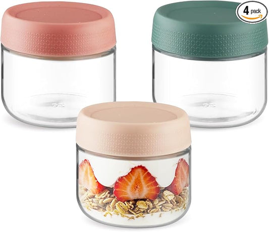 Wresty Empty Clear Glass jars with Airtight Lids Overnight Oats Containers Glass Food Storage Containers Glass Mason Jars For Yogurt Snacks Spice Sugar Jam And More (3 Pcs Mixcolor, 300ml/10oz)