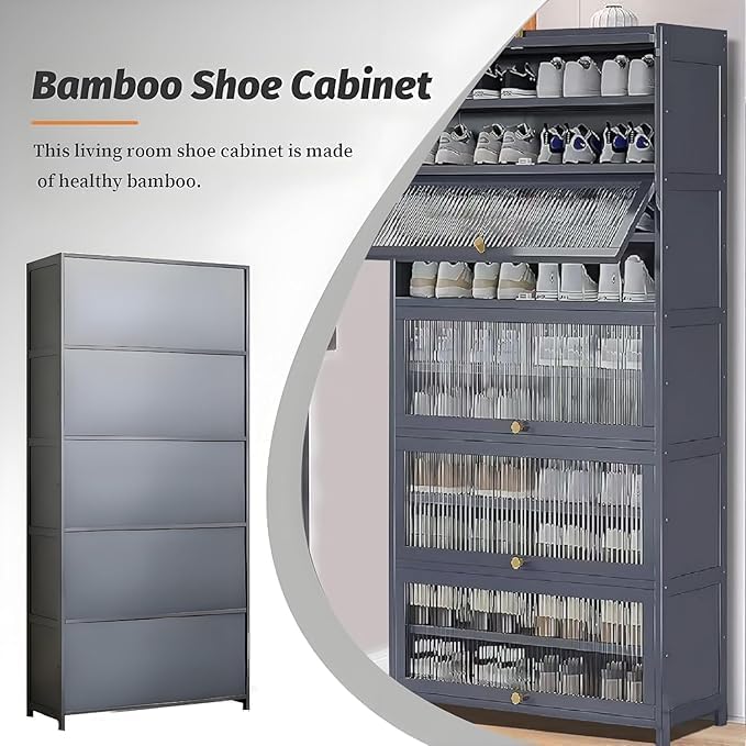 10-Tier Large Shoe Cabinet with Acrylic Doors, Large Capacity Bamboo Shoe Cabinet, 40-45 Pairs Shoe Rack, Free Standing Shoe Rack,Entrance for Hallway Living Room