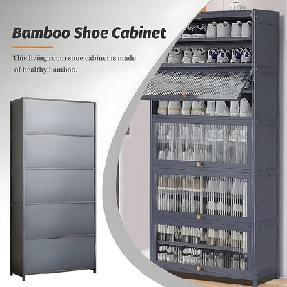 10-Tier Large Shoe Cabinet with Acrylic Doors, Large Capacity Bamboo Shoe Cabinet, 40-45 Pairs Shoe Rack, Free Standing Shoe Rack,Entrance for Hallway Living Room