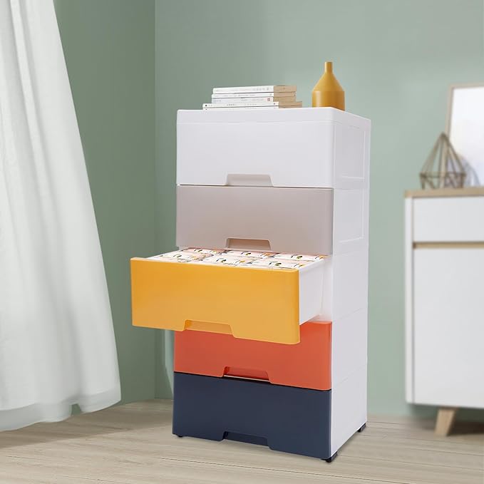 Plastic Dresser for Bedroom with 5 Drawers,Stackable Vertical Storage Tower, Small Dresser Chest of Drawers, Mobile Drawer Storage Cabinet with Wheels for Hallway Entryway,Bedroom Furniture (Coloured)