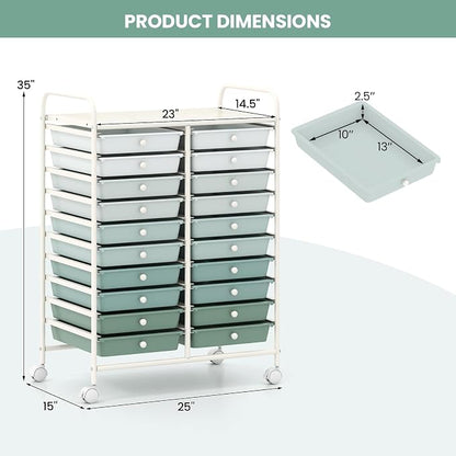 Giantex 20 Drawers Rolling Cart, Mobile Storage Drawer Cart, Classroom Organizer Cart for Office School Supplies Tools Scrapbook Paper Craft Small Printer, Utility Cart on Wheels, Green Gradient