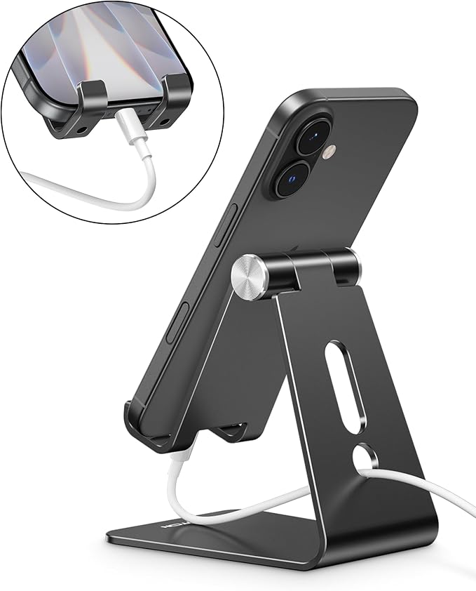 OMOTON Adjustable Cell Phone Stand, C2 Aluminum Desktop Phone Holder Dock Compatible with iPhone 15 14 13 Xs XR 8 Plus 7 6, Samsung Galaxy, Google Pixel, Android Phones, Black