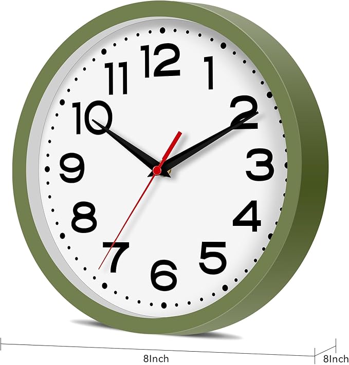 Roymnie Wall Clock Silent Non-Ticking Modern Clock Battery Operated 8 Inch Small Classic Analog Decorative for Kitchen, Bathroom, Office, Bedroom, Home(Green)