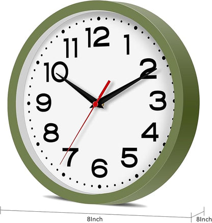 Roymnie Wall Clock Silent Non-Ticking Modern Clock Battery Operated 8 Inch Small Classic Analog Decorative for Kitchen, Bathroom, Office, Bedroom, Home(Green)