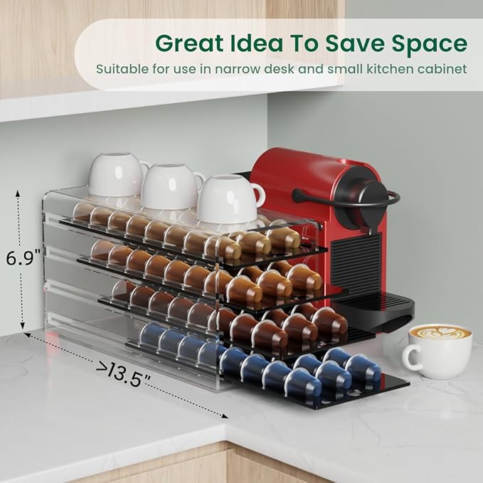 Acrylic Coffee Pod Holder for Nespresso OriginalLine Capsules, 4 Tier Organizer Drawer with 96 Pods Capacity for Countertop Coffee Bar Home Office Kitchen