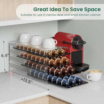 Acrylic Coffee Pod Holder for Nespresso OriginalLine Capsules, 4 Tier Organizer Drawer with 96 Pods Capacity for Countertop Coffee Bar Home Office Kitchen