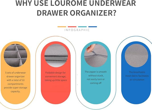 Lourome Underwear Organizer, 5 Set Foldable Fabric Underwear Drawer Organizer and Sock Organizer, Drawer Organizers for Clothing, Storage Bins for Underwear, Sock, Bra and Tie