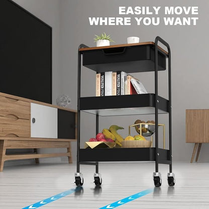 Aratan 3 Tier Rolling Cart with Drawer, Metal Utility Cart on Wheels Storage Cart with Wood Top, Kitchen Cart Art Cart Organizer for Bathroom Office Balcony Living Room